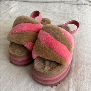 UGG Women' Pink and Tan Fuzzy Slippers
